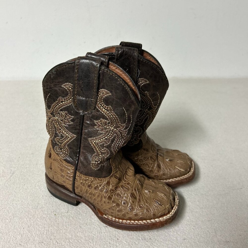 Tanner Mark Boot Kids 8 Tan Brown Leather Horn Back Gator Print Decker TMK205158